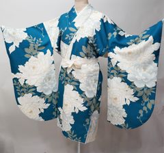 二尺袖着物 単品 仕立て上がり ボヌールセゾン 着物丈はショート丈 青緑色 二尺袖着物 単品 仕立て上がり ボヌールセゾン 着物丈はショート丈 青