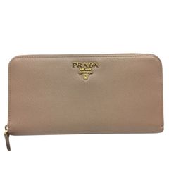 未使用に近い】PRADA ファスナー シボ革 エンボス ロゴ ピンク 長財布 