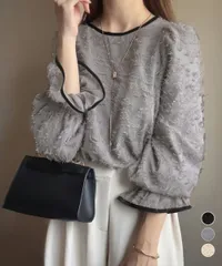 ブラウス ジャガード ぽわん袖 バックリボン 長袖 シアー フェミニン 黒 白