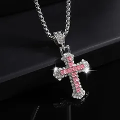 ネックレス 十字架 ピンク 60cm シルバー ラインストーン キラキラ かわいい クロス 金属 ペンダント  アクセサリー ストリート系 おしゃれ カジュアル レディース t10710