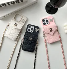 iPhone16ProMax/15Pro 対応 キルティング スイカカード収納　カード収納付き スマホケース クリスタルバタフライ ショルダーストラップ付きのサムネイル