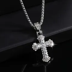 ネックレス 十字架 ホワイト 60cm シルバー ラインストーン キラキラ かわいい クロス 金属 ペンダント  アクセサリー ストリート系 おしゃれ カジュアル レディース t10711