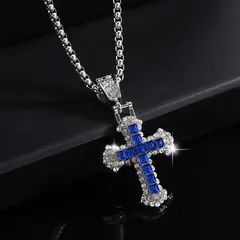 ネックレス 十字架 ブルー 60cm シルバー ラインストーン キラキラ かわいい クロス 金属 ペンダント  アクセサリー ストリート系 おしゃれ カジュアル レディース t10713