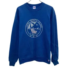 80s USA製 RUSSELL ATHLETIC プリントスウェット XL ブルー ラッセルアスレティック プルオーバー 前Vガゼット 秋物 a805-5360