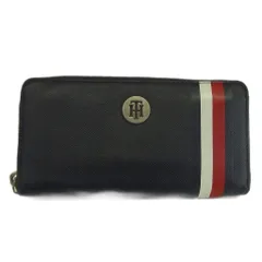 トミーヒルフィガー TOMMY HILFIGER 長財布 レザー ラウンドファスナー ストライプ THロゴ シルバー金具 紺 ネイビー /XZ ■GY99