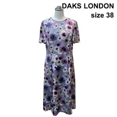 □ ダックス Daks プリントワンピース ラウンドネック 半袖 ミモレ丈 花柄 裏地あり パープル グレー ピンク 38 M 9号 レディース Z6C765のサムネイル