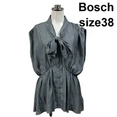 ◇ ボッシュ Bosch ブラウス シャツ フレンチスリーブ スタンドカラー Vネック Aライン ボウタイリボン グレー 38 M 9号 レディース S6E582のサムネイル