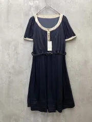 新品 ef-de エフデ ベルト付き ラウンドネック バイカラー 半袖 ひざ下丈 ワンピース size9/濃紺 ■◆◎レディースのサムネイル