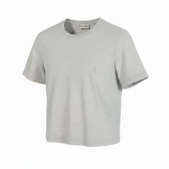 Ee29 SAINT LAURENT Cropped Crew Neck Short-Sleeve T-Shirt with YSL Logo Embroidery, Size L, Light Gray, 100% Cotton, Women's Clothing