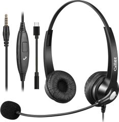 Callez 헤드셋 휴대전화용 3.5mm 양귀 노이즈 캔슬링 마이크 첨부와 콜 제어 PC용 헤드폰 Web 회의, Skype, 오피스, 재택 근무, 비즈니스, 콜센터에 적용 iPhone, Android, iPad, 컴퓨터에 대응 착신