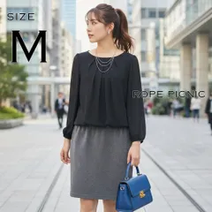 【極美品】ROPE' PICNICロペピクニック 異素材切替ドッキングワンピース タック入りシフォンブラウス×ツイード タイトスカート 38(M) 黒ブラック×グレー 【古着】【中古】【送料無料】のサムネイル