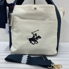 3496　BEVERLY HILLS POLO CLUB　 ビバリーヒルズポロクラブ　トートバッグ　 2way　ショルダーバッグ　キャンバス　 ホワイト×ネイビー系　馬　刺繍　タグ付き　 レディースのサムネイル
