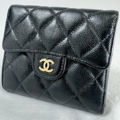 ハ*ル様 CHANEL キャビアスキン 三つ折り財布 ブラック ゴールド
