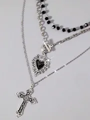 ジュエリー レディース ネックレス ヴィンテージゴシックスタイル ビーズ ブラックハート チェーン 3個セット、パンクロック レトロ スウィートゴシック クロスネックレス、ダークゴシック ヨーロッパ&アメリカン Y