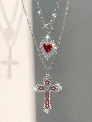 Women's Jewelry Set: Vintage Gothic Style Dark Heart & Cross Pendant Necklace & Earrings (2-piece set), Punk Rock Dark Fashion Jewelry Set, Perfect for Valentine's Day, Mother's Day, or as a Gift for Mom.