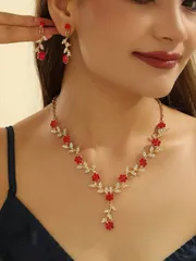 ジュエリー レディース セット レディース向けビンテージ風梅の花模様付き赤いラインストーンピアスとネックレスの3つセット
