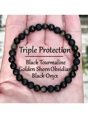 ジュエリー レディース ブレスレット  1個 3重保護ブレスレット - ブラックベリル、ゴールデンブラックオブシディアン、ブラックアゲート、感情の安定とバランスのためのクリスタルブレスレット