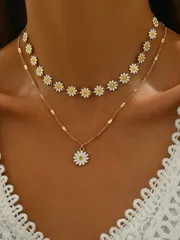 ジュエリー レディース ネックレス セット 2個セット ハンドメイド デイジーフラワーネックレス、ファッションクラシックチェーンチョーカーネックレス、デイリー、旅行、バケーション、ストリートウェア、写真撮影に適して