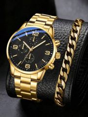 Men's Watch Set (2 Pieces): Men's Quartz Watches with Bracelet Jewelry Set, Stainless Steel Band, Business Casual, Minimalist, Scale, Retro Dial, Suitable for Daily Wear, Party Decoration, Father's Day, Anniversary, Birthday