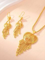 Ladies' Jewelry Set: 24K Gold Plated Necklace & Hollow Floral Heart Pendant, Bridal Tassel Earrings (2-piece set), Middle Eastern Style Copper Jewelry Set
