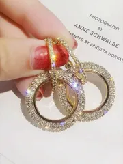 ジュエリー レディース イヤーアクセサリー  1ペア クラシック ヨーロッパ&アメリカンスタイル ラインストーン幾何学サークルドロップピアス、ファッションの韓国デザインミニマリストピアス レディース