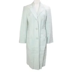 ローラアシュレイ LAURA ASHLEY ストライプ コート ジャケット ロング リネン混 日本サイズM相当 UK8  EUR34  USA4 緑 グリーン Xのサムネイル