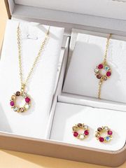Ladies' Jewelry Set: Colorful Diamond Jewelry Set for Women, 4-Piece Set, Fashionable and Personalized Temperament, Hollow Circular Pendant Necklace, Earrings, and Bracelet