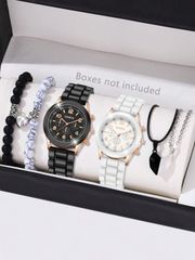 Unisex Watch Set with Silicone Strap, 6 Pieces, Simple Arabic Numeral Scale Quartz Watch Bracelet Necklace Jewelry Set, Perfect for Decorating Daily Wear or Holiday Gifts