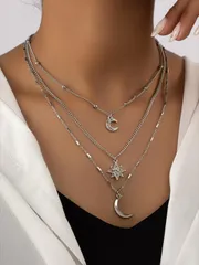 ジュエリー レディース ネックレス 1個 ラインストーン付きスター&ムーンのマルチレイヤーネックレス(チェーンセグメントのランダムな数量)