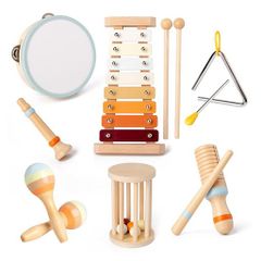 Btuty Orff Musical Instrument Set Wooden Percussion Set Fun Interactive Game Hand-Eye Coordination Development Birthday Gift Tambourine, 8 Tones Xylophone