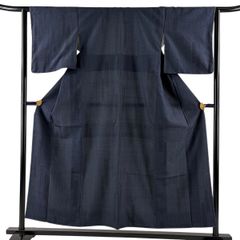 B5美品 夏物 こむさでもーど 縦縞 暈し 藍色 絽 紗 薄物 化繊 小紋