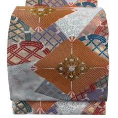 【美品】 袋帯 秀品 若松菱 花鳥 唐織 金糸 オレンジ 六通 正絹 【中古】