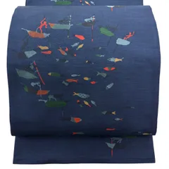 袋帯 秀品 木屋太 落款 関西仕立て 魚群 人物 紺色 六通 正絹 【中古】のサムネイル
