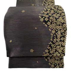 【美品】 袋帯 秀品 斉藤三才 落款 桜 花びら 金糸 ラメ糸 灰紫 六通 正絹 【中古】のサムネイル