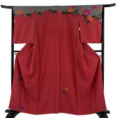 美品】 紬 身丈162cm 裄丈64cm M 単衣 草花 灰白 正絹 秀品 【中古
