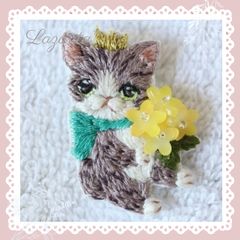 고양이 자수 꽃다발을 아냐에 고등어 흰 고양이 짱 브로치 옐로우