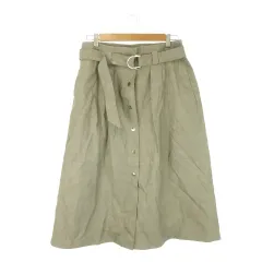 ザラ ZARA フェイクレザースカート L 緑 カーキ グレー ベルト付き フロントボタン ミディ丈 /CK55 ■GY49