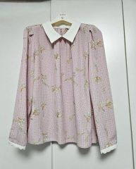 ヴィンテージ 80s 丸襟 和柄 花柄 長袖 シャツ ブラウス ピンクS323b 