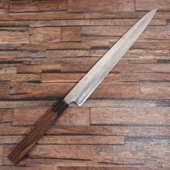 新品未使用] カスタムナイフ 210mm白紙2号 磨き仕上焼樫柄 牛革シーツ