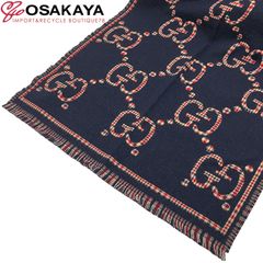 美品 GUCCI グッチ チェック GGウール スカーフ ネイビー レッド 