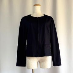 PLST プラステ】コットン ツイード調 ノーカラージャケット ネイビー M