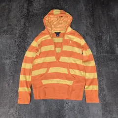 Ralph Lauren Deep V-Neck Hoodie Ladies M Equivalent Orange Yellow Border Thermal ラルフローレン 深Vネック パーカー レディースM相当 オレンジ イエロー ボーダー サーマルのサムネイル