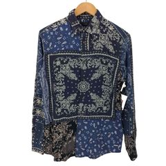 【極美品】バンダナ柄 パッチワーク風 ノーカラーシャツ ネイビー ペイズリー L 極美品】バンダナ柄 パッチワーク風 ノーカラーシャツ ネイビー