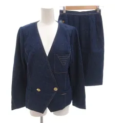 レオナール LEONARD FASHION セットアップ デニム ノーカラー ジャケット タイト スカート ダブル シルク 絹 9AR インディゴ /FF ■GY62のサムネイル