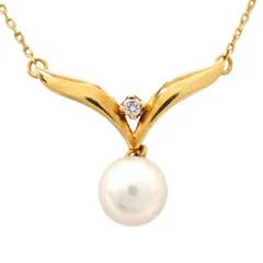 MIKIMOTO ミキモト 7.2mm あこや ダイヤモンド あこや真珠 パール ダイヤ ネックレス K18 750 YG ペンダント ジュエリー スウィング ドロップ リーフ 5017のサムネイル