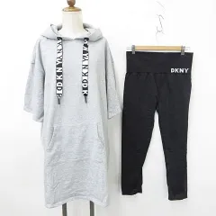 ダナキャランニューヨーク DKNY SPORT コストコ スポーツウェア ワンピース パンツ 2枚セット 半袖 フード ロング丈 ウエストゴム ロゴ グレー 黒 ブラック L ★AA☆