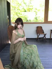 グリーン 花柄 キャミワンピース レディース 夏 ワンピース ノースリーブ Vネック Aライン ロング丈 きれいめ リボン付き シフォン楊柳カーディガン付き 2点 ファスナー仕様 ウエストすっきり 上品 おしゃれ お出かけ デート 旅行 リゾート S M L