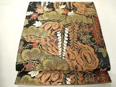 平和屋着物●六通柄袋帯　唐織　松藤紅葉文様　黒地　金糸　正絹　逸品　CABF0335ak