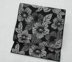 新品 西陣織刺繍入り九寸名古屋帯【綿芯御仕立付】黒地 ハートにリボン 