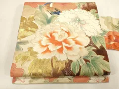 平和屋着物●アンティーク　大正ロマン　九寸名古屋帯　手描き　刺繍　花鳥文　金糸　正絹　逸品　CABG3081dy